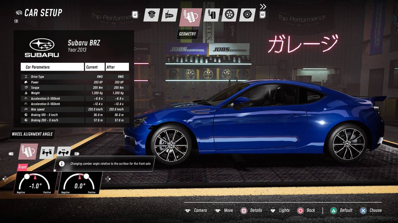A blue car is being tuned in the options menu.